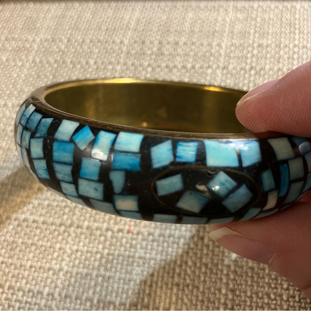 Vintage Chunky Blue Dyed Bone Inlay Mosaic Brass Bangle Bracelet